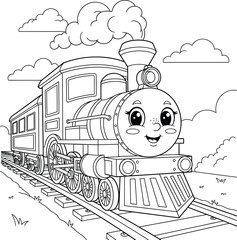 Cute train on a railroad coloring page for kids. Vector line art illustration of a cartoon steam locomotive with a happy face, perfect for children's coloring books and transportation-themed activitie
