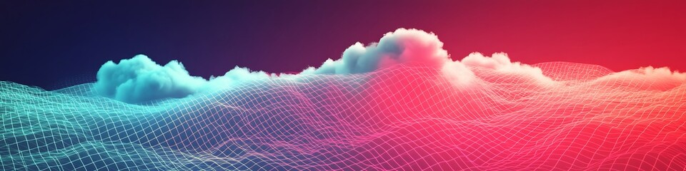 Digital Cloud Grid in Cyan-Red Gradient with Retro Abstract Vapor Layers