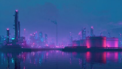 Neon-lit industrial cityscape by water at twilight