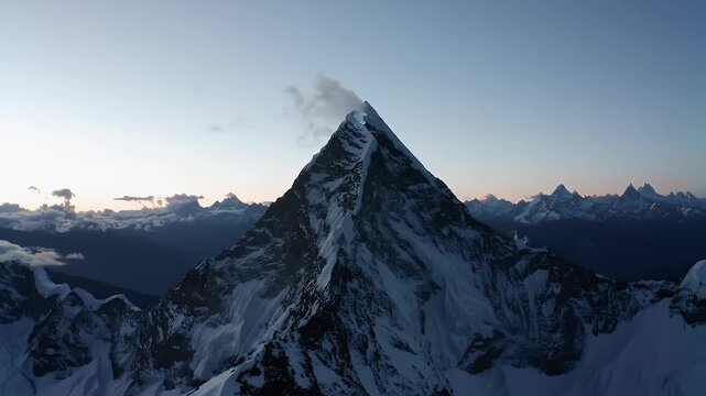 Twilight Over Snow Capped Mountain Range Featuring Dramatic Cloud Filled Valley Scenery