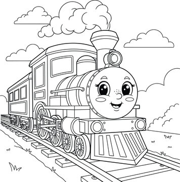 Cute train on a railroad coloring page for kids. Vector line art illustration of a cartoon steam locomotive with a happy face, perfect for children's coloring books and transportation-themed activitie
