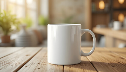Empty White Coffee Mug on Wooden Table, Ready for Design.A high-quality, close-up image of a blank, white ceramic mug resting on a light brown wooden table.