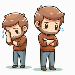 Fototapeta premium Two stylized cartoon male figures, one standing and the other leaning, both exhibiting expressions of distress.
