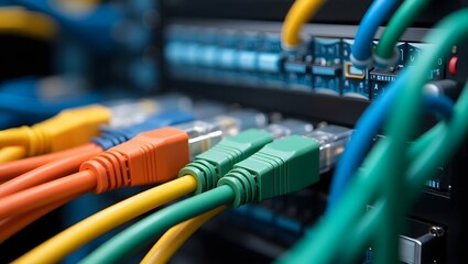 Close-up view of colorful Ethernet cables plugged into a network switch with lights