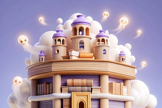 Whimsical floating castle built from books amidst ethereal clouds and glowing spirits
