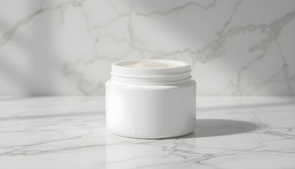 Elegant White Cream Jar on Marble Surface.A high-quality studio shot of a white cosmetic jar filled with cream, displayed on a marble surface.