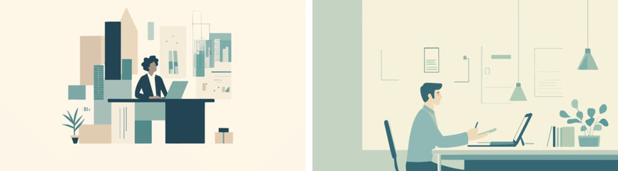 Businesswoman working with laptop and businessman working from home office vector illustration set in a minimalist style concept for business freelance