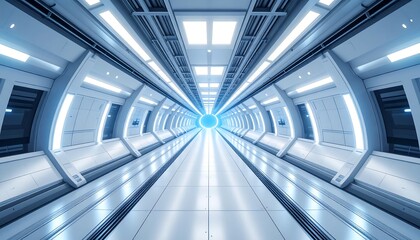 Futuristic, bright, white corridor extending to a glowing end