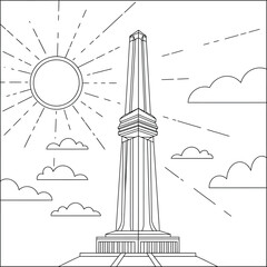 Vector line art illustration of a tall architectural monument with a bright sun and clouds in the background. A symbol of victory and history.