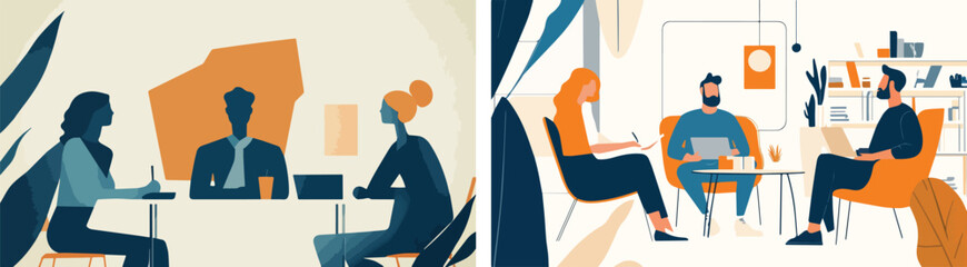 Business meeting and working process vector illustration set Office workers characters discussing new project Sitting at table Working with laptop Casual