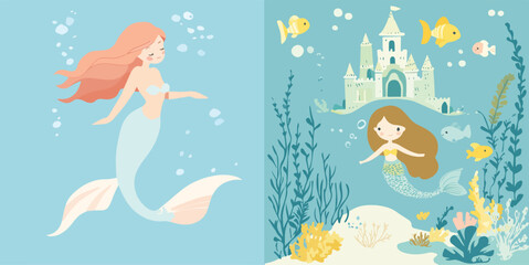 Cute Mermaid Swimming Underwater with Fish and Castle Vector Illustration Set for Kids Fashion Design, Nursery Prints, Wall Art, Birthday Cards,