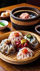 A traditional bamboo steamer basket filled with a colorful variety of dim sum