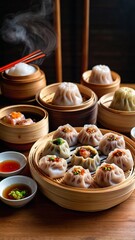 A traditional bamboo steamer basket filled with a colorful variety of dim sum