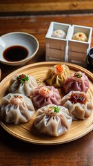 A traditional bamboo steamer basket filled with a colorful variety of dim sum