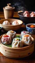 A traditional bamboo steamer basket filled with a colorful variety of dim sum
