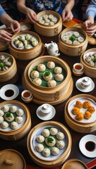 A vibrant overhead shot of a dim sum feast on a round table with multiple bamboo steamers filled with dumplings, buns, and rice rolls,