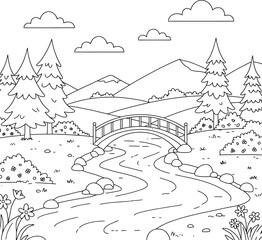 Scenic Landscape Coloring Page Bridge Over a River in a Mountainous Setting