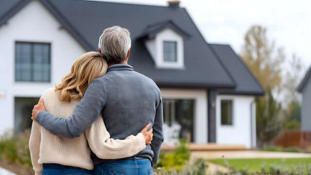 Senior couple standing together at new house representing home ownership and real estate
