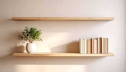 Minimalist Floating Shelves Displaying Books and a Plant in a Bright Room