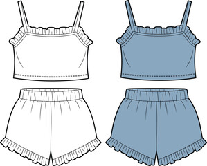 Women’s ruffle trim camisole and shorts set, sleepwear flat sketch, front and back view, vector fashion CAD illustration template