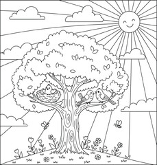 A delightful spring landscape with a bird family, a big tree, and a smiling sun. Coloring book page illustration.