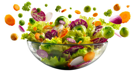Colorful salad bowl with flying vegetables on transparent background