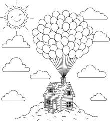 A charming cartoon house lifted by a large bunch of balloons, floating into a sunny sky with clouds. A whimsical adventure concept.