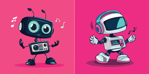 Cute Robots Dancing and Listening to Music Vector Illustration Set Ideal for Tech Music and Entertainment Projects