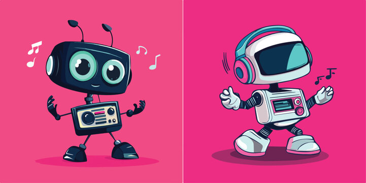 Cute Robots Dancing and Listening to Music Vector Illustration Set Ideal for Tech Music and Entertainment Projects