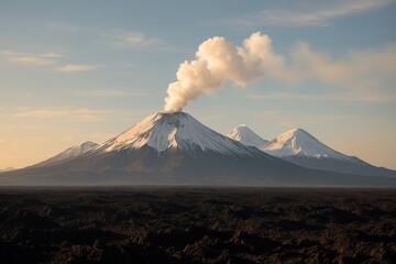 Fototapeta premium Majestic Volcano Landscape with Steam Plume and Snowy Peaks in South American Setting