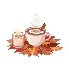 a cup of tea and candle on autumn leaves 