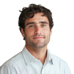 Obraz premium Portrait Of A Smiling Young Man With Wavy Hair: Relaxed Expression And Direct Gaze Against A White Background