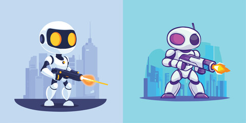 Cute Robot Holding Gun Futuristic City Background Vector Illustration Set Ideal for Gaming Tech and Sci-Fi Projects