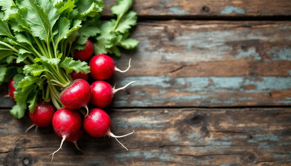 Top-down view of fresh red radishes on a rustic wooden table.
