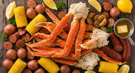 A delicious seafood boil feast with fresh snow crab legs, corn, potatoes, sausage, and butter on a rustic wooden table from above.