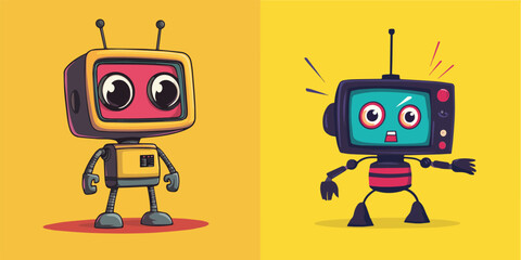 Cute Robot TV Character with Different Emotions Vector Illustration Perfect for Kids Products, Animations, and Digital Art Projects