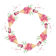 Ice cream and green branches wreath in watercolor