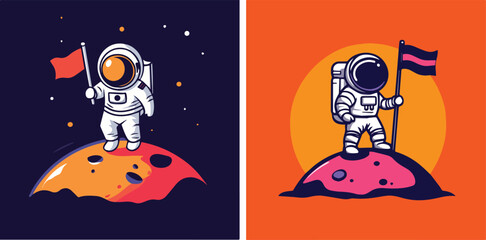 Astronaut planting flag on new planet surface vector illustration set, spaceman discovery mission, cosmic exploration concept for science fiction graphic