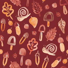 Fall nature seamless pattern. Fun seasonal design hand drawn with watercolor in cute kid style. Autumn plants background for textile, fabric, wallpaper, packaging