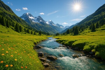 A stunning mountain landscape with a flowing river and sunny sky, reminiscent of a vibrant and idyllic comic book scene.