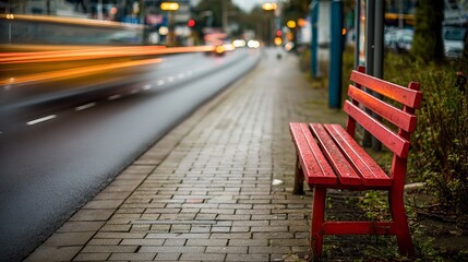A vibrant red bench awaits visitors on a rainy day, with blurred city traffic showcasing a sense of motion.