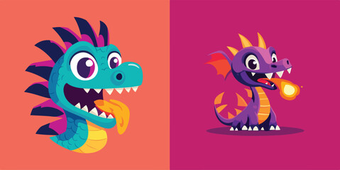 Two Colorful Cartoon Dragons One Breathing Fire and One Sticking Out Tongue Vector Illustration on Separate Backgrounds Ideal for Kids Products and Fantasy