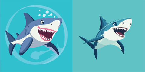 Two Cartoon Sharks Smiling with Open Mouths Vector Illustration Set Isolated on Blue Background Ideal for Marine Life Educational Projects and Nautical