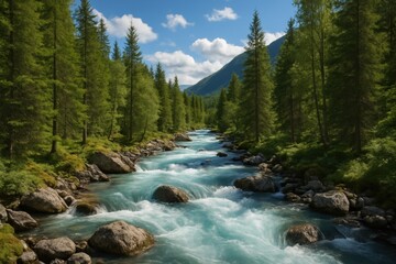 A vibrant comic style illustration of a pristine river flowing through a dense evergreen forest, a wild and beautiful natural landscape.