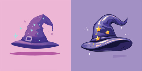 Two Variations of Wizard or Witch Hats with Stars Vector Illustration Set for Halloween Costume Party, Magical Fantasy Storybook, or Game Design