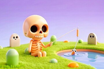 Whimsical cartoon skeleton character enjoys a peaceful day fishing by a pond surrounded by cute ghosts and green hills