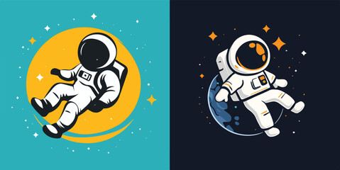 Naklejka premium Astronaut floating in space with stars and planets vector illustration set for space exploration and science fiction design projects, perfect for posters,