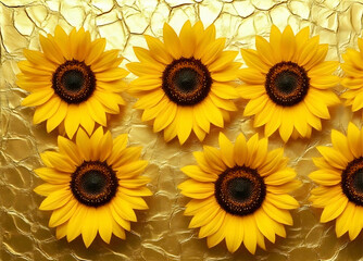 Obraz premium Fresh Yellow Sunflowers with Brown Centers on Gold Textured Background