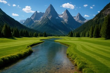 Scenic Mountain Valley Landscape with Winding River and Lush Green Fields, Capturing the Essence of a Serene Comic Book Scene