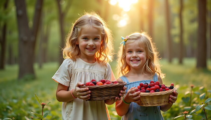 Two young girls happily holding baskets of berries in sunny forest